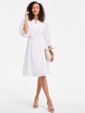 White Eyelet Embroidered Button-Front Midi Dress with Puff Sleeves Cottagecore